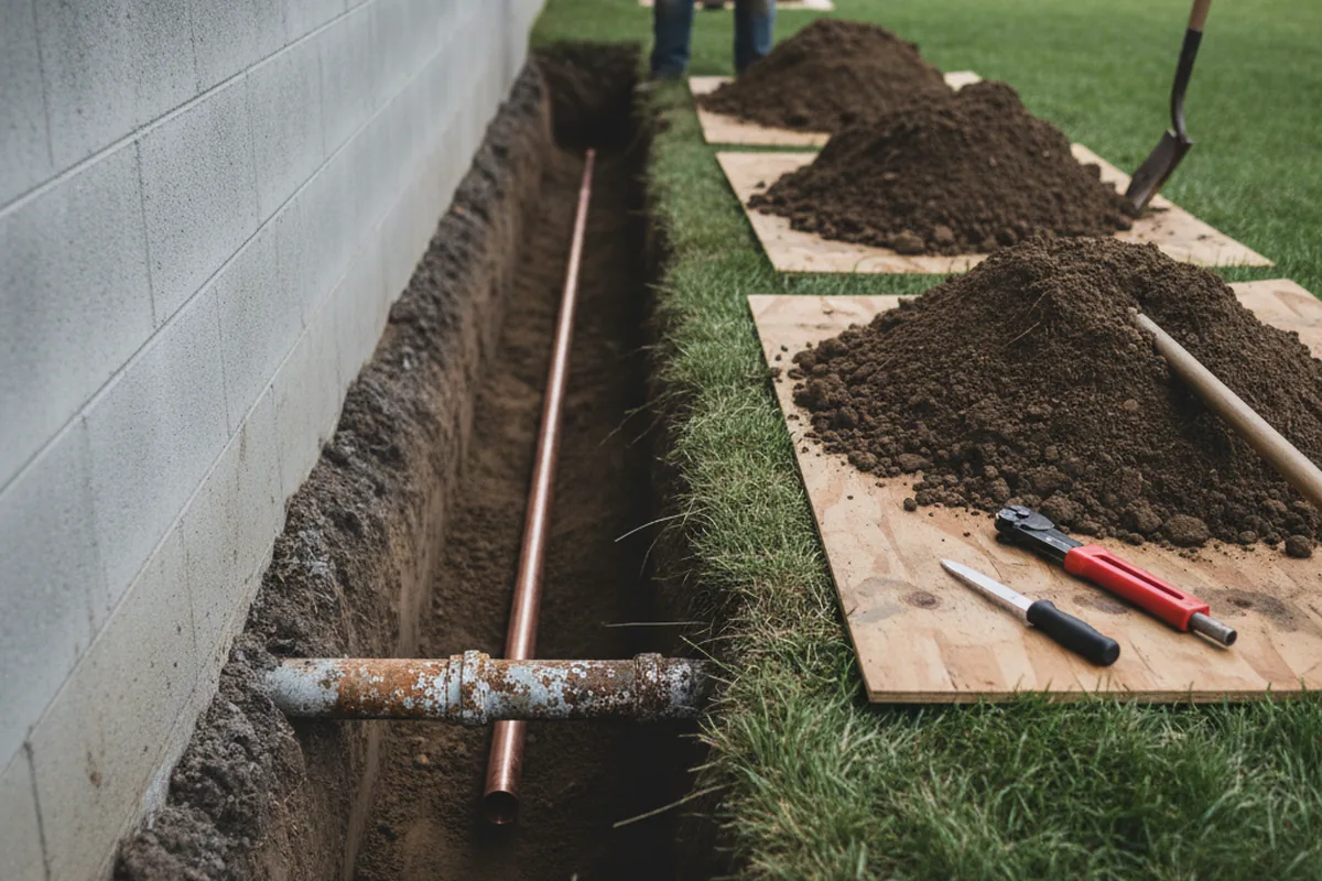 Excavated water line trench during Sewer Line Repair in Miramonte